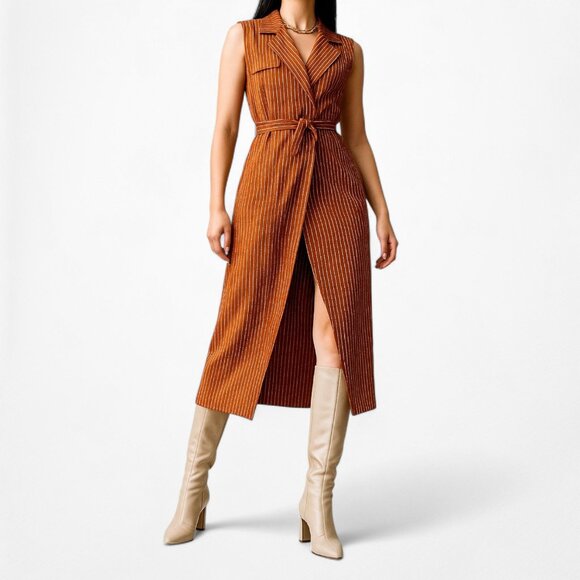 Mango Sleeveless Striped Waist Tie Trenchcoat Vest Midi Dress Size XS/S/M - Picture 1 of 8